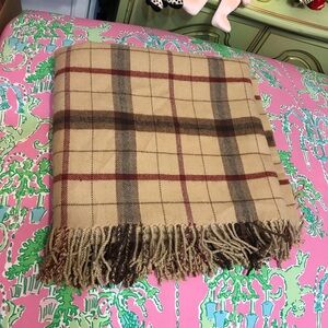 Longaberger rare brown plaid Throw with tassels 60” x 50”